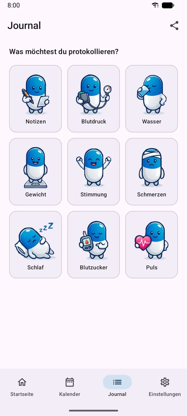 Journal-Übersicht mit Kacheln für Notizen, Blutdruck, Wasser, Gewicht, Stimmung, Schmerz, Schlaf, Blutzucker und Puls.