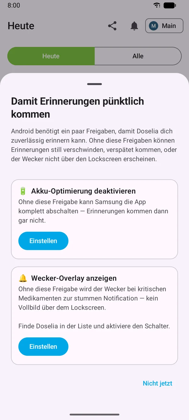 Hinweisblatt „Damit Erinnerungen pünktlich kommen“ mit Schaltflächen zum Öffnen der Android-Einstellungen.