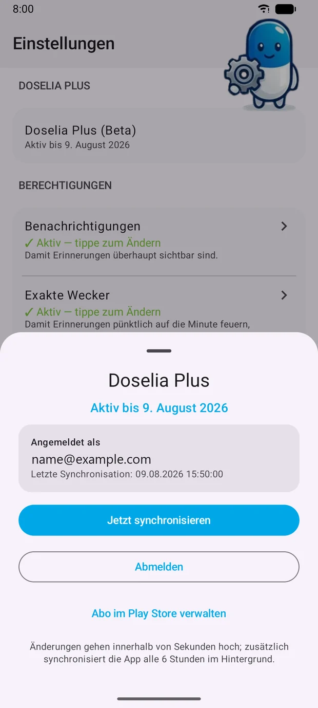 Plus-Ansicht in den Einstellungen der App