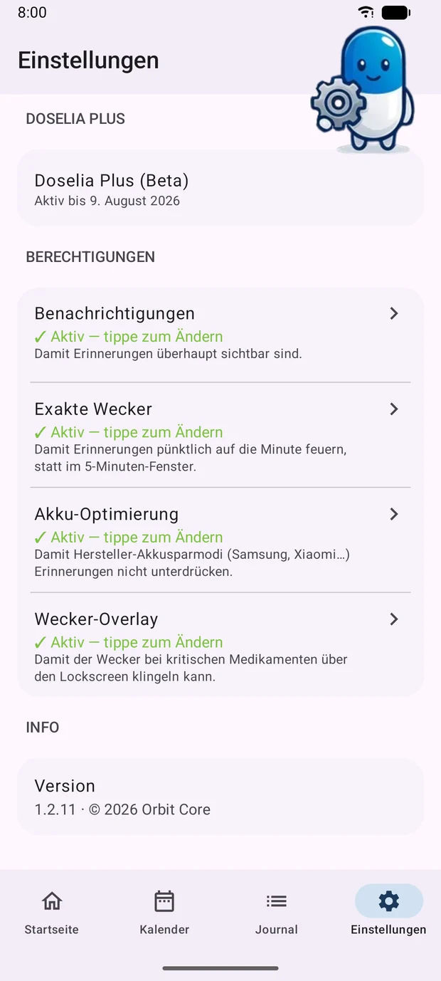 Einstellungen der Doselia App mit dem Abschnitt Berechtigungen: Benachrichtigungen, Exakte Wecker, Akku-Optimierung und Wecker-Overlay, alle aktiv.