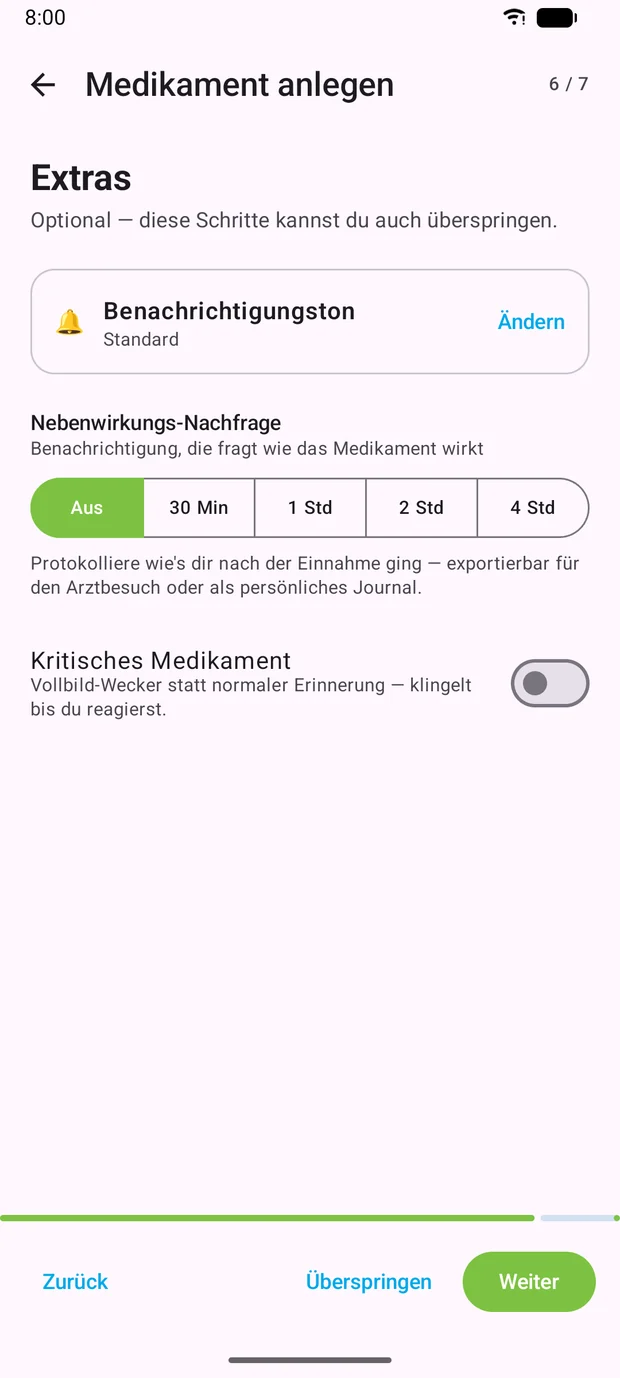 Extras-Schritt mit Benachrichtigungston, Nebenwirkungs-Nachfrage und dem Schalter für kritische Medikamente.
