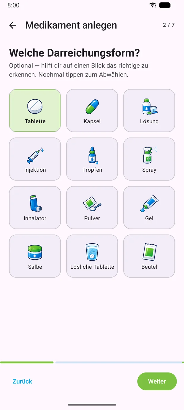 Auswahl der Darreichungsform mit Symbolen für Tablette, Kapsel, Lösung und weitere Formen.