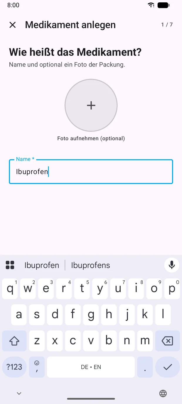 Erster Schritt des Assistenten mit dem Feld für den Namen des Medikaments.