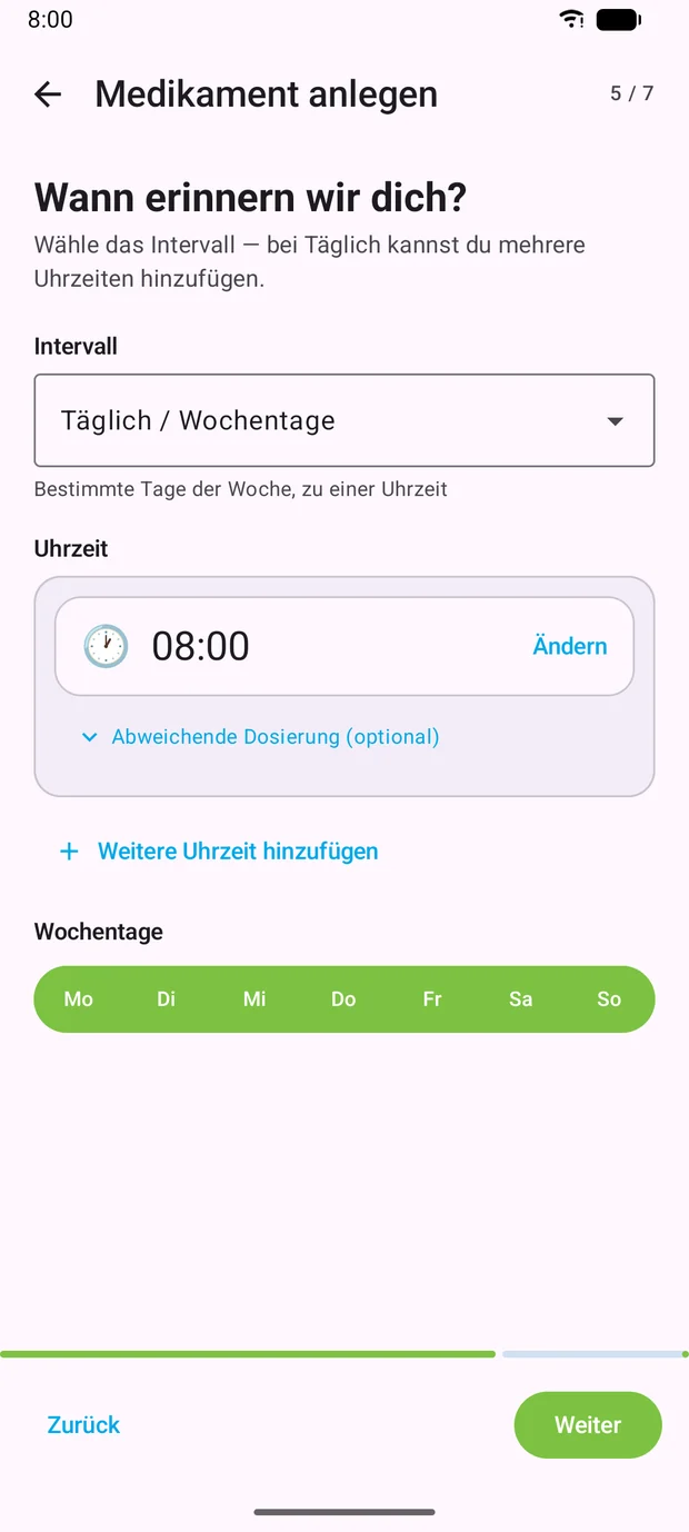 Auswahl von Uhrzeit und Wochentagen im Assistenten