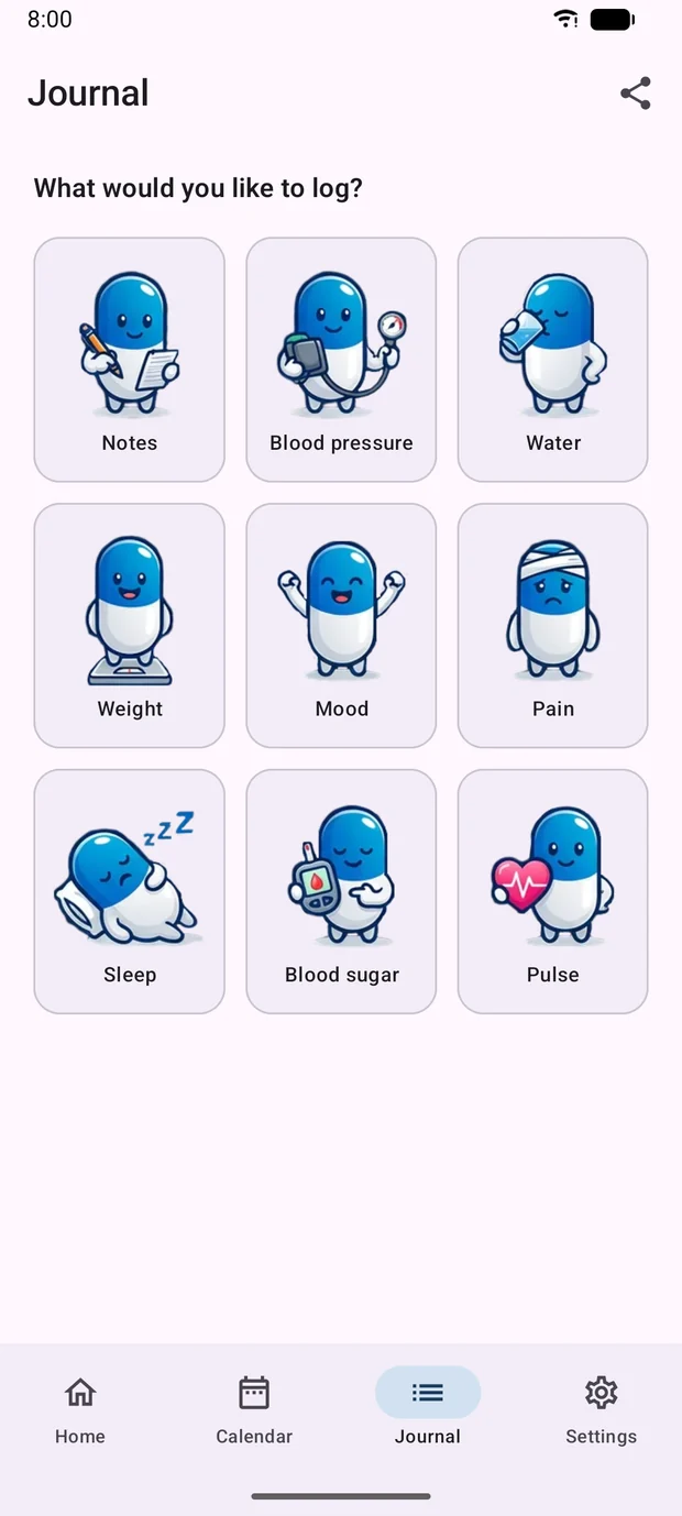 Journal overview with tiles for notes, blood pressure, water, weight, mood, pain, sleep, blood sugar and pulse.