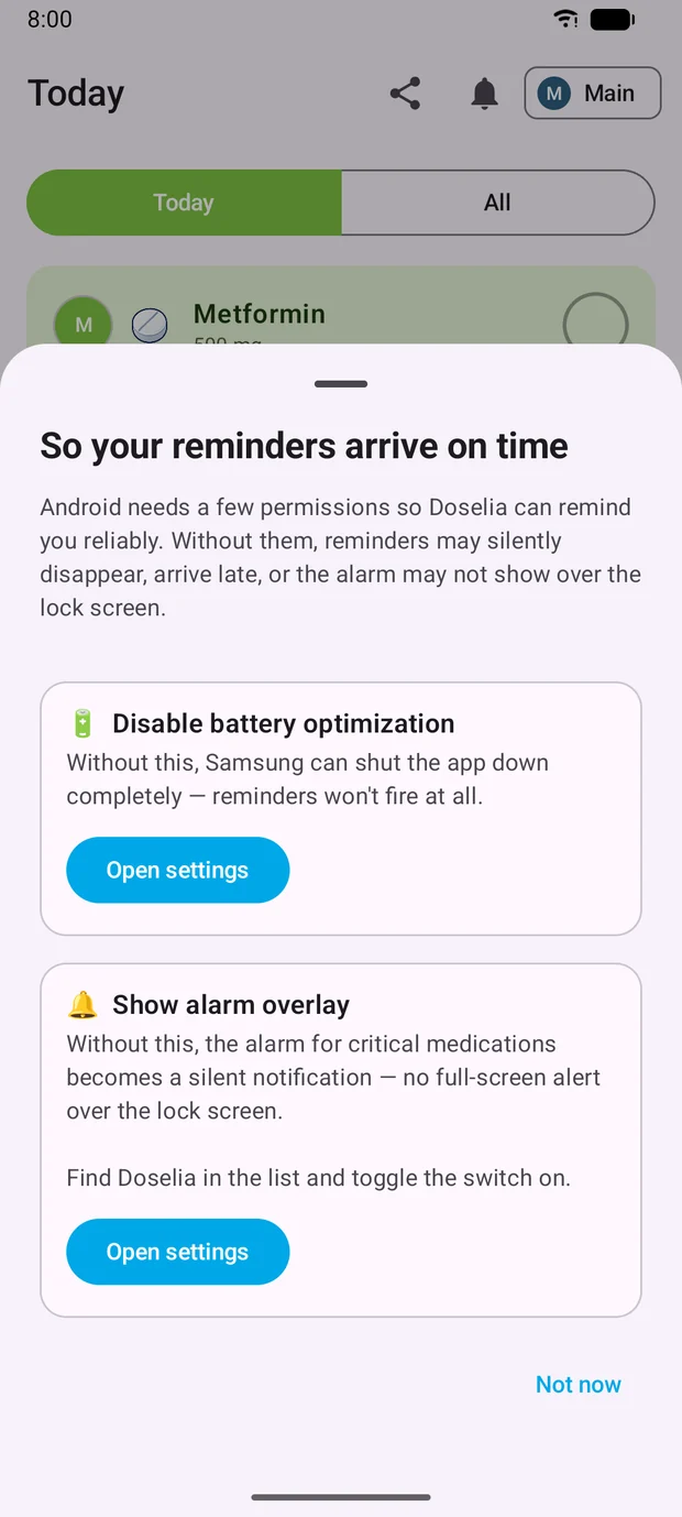 Sheet titled “So your reminders arrive on time” with buttons that open the Android settings.