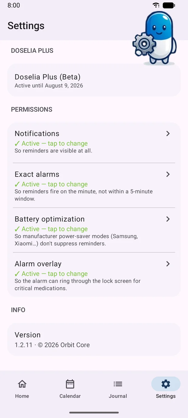 Doselia settings showing the Permissions section: notifications, exact alarms, battery optimisation and alarm overlay, all active.