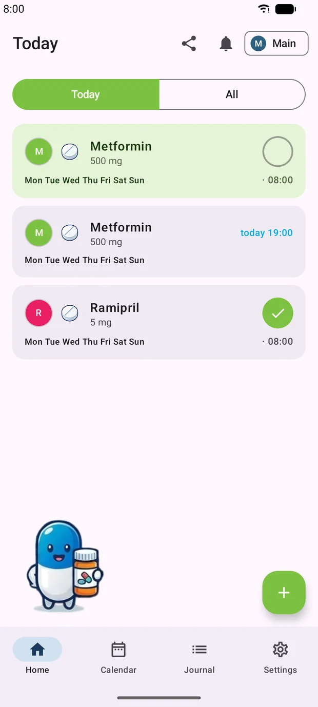 The app home screen with the doses due today