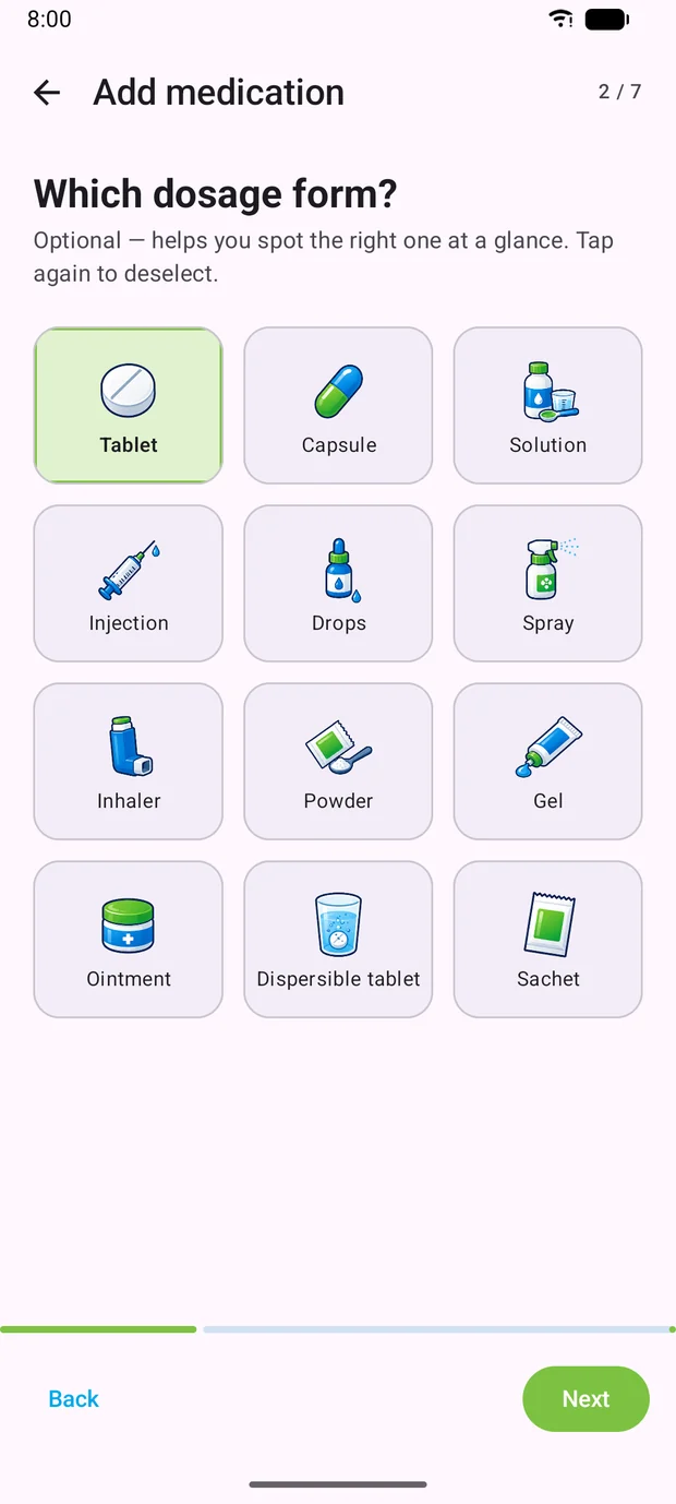 Dosage form picker with icons for tablet, capsule, solution and further forms.