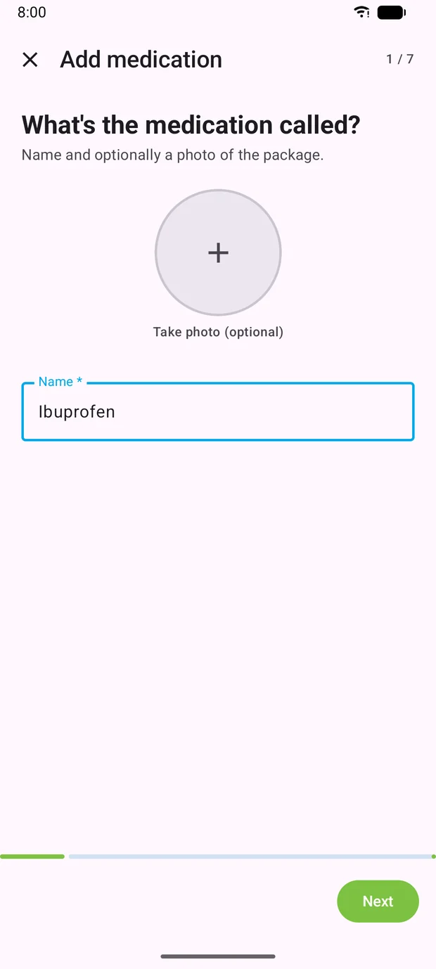 First step of the wizard with the field for the medication name.