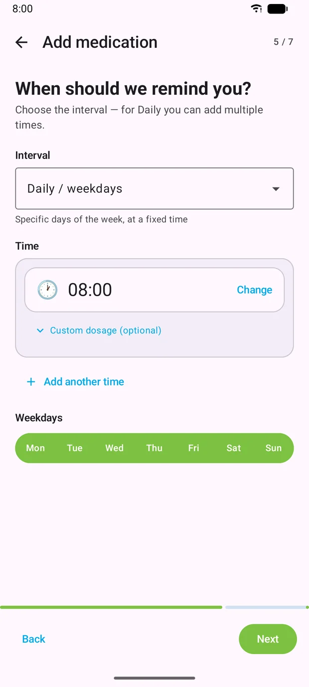 Picking the time and weekdays in the wizard