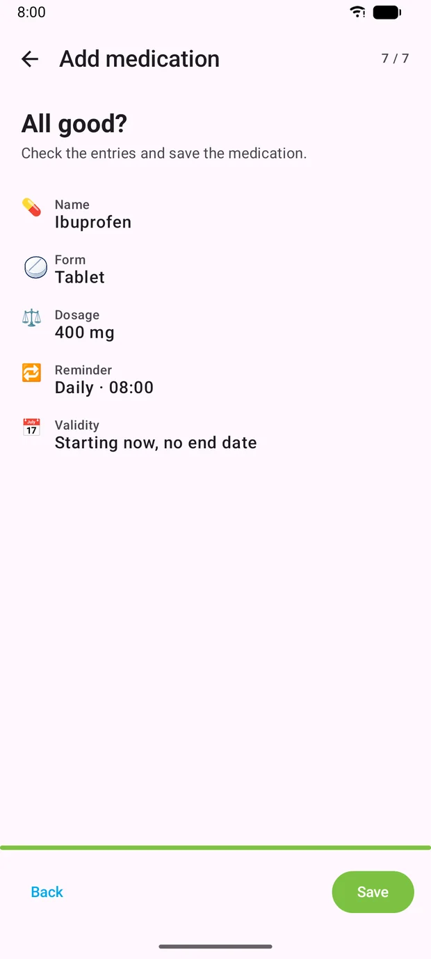Summary with name, form, dosage, reminder and validity before saving.